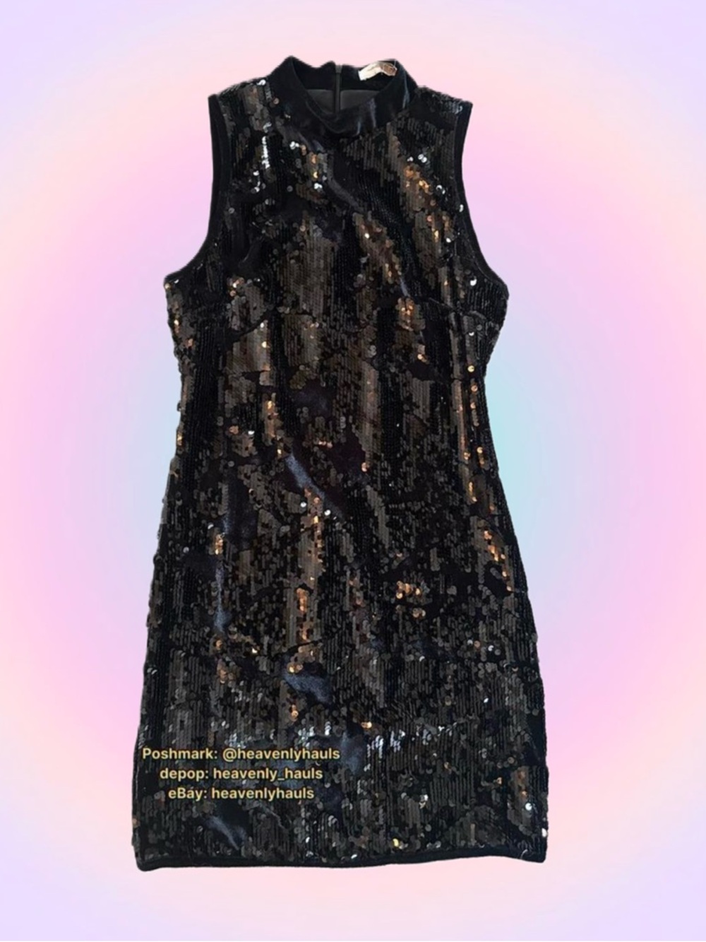 Genuine 2016 Black Sequin Mock Neck Velour Mini Dress